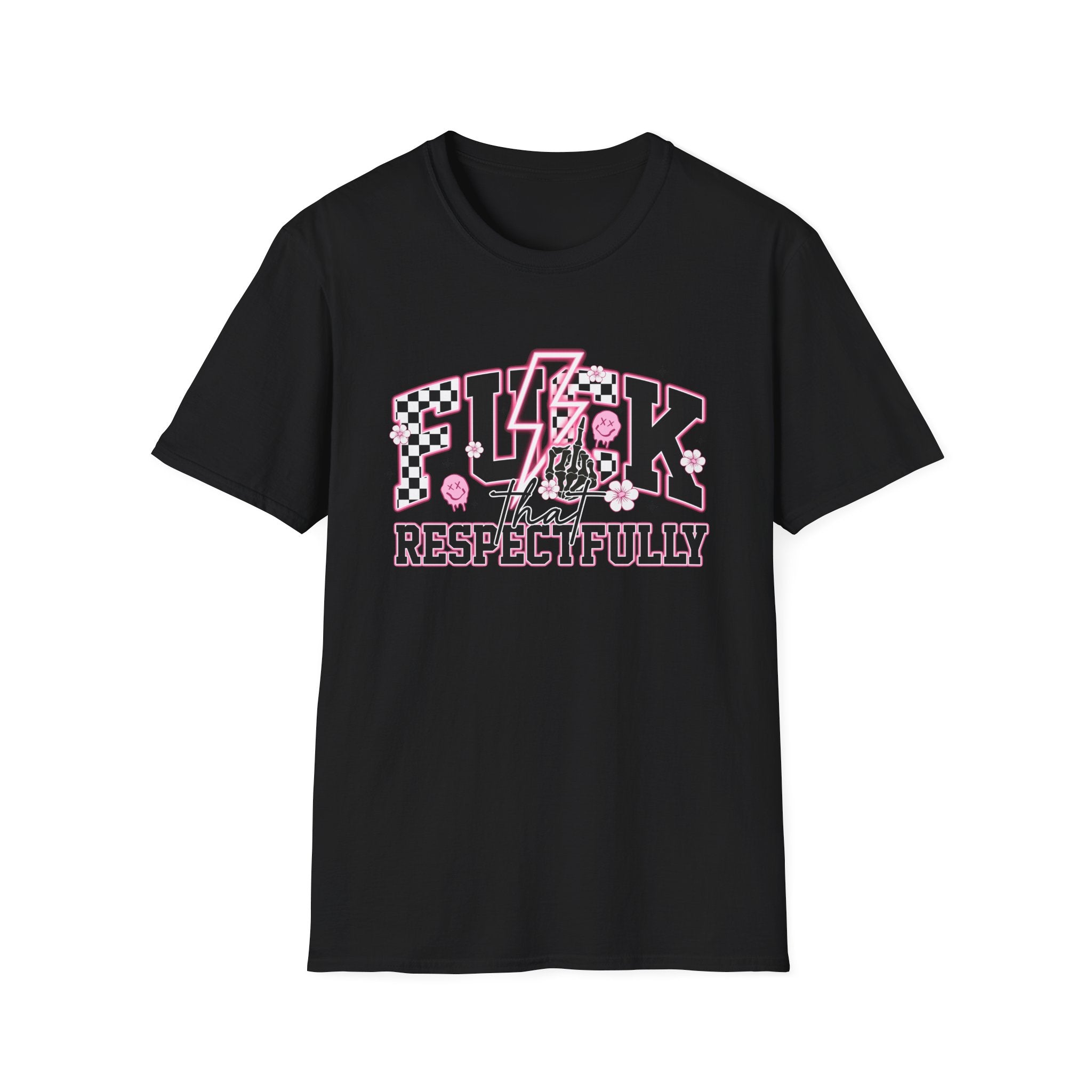 Graphic Tee — “F**k That Respectfully” Pink Checkerboard Band Tee
