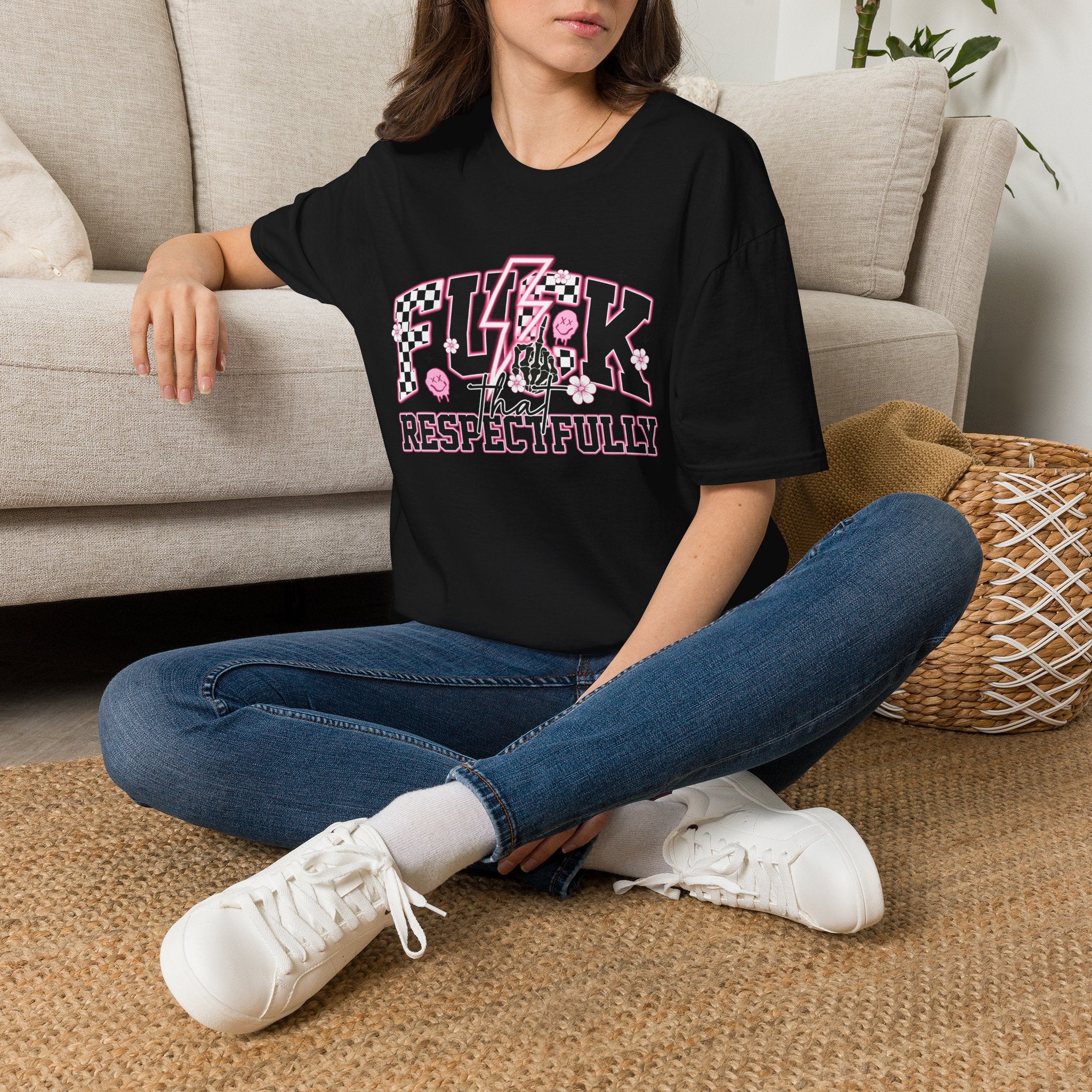 Graphic Tee — “F**k That Respectfully” Pink Checkerboard Band Tee