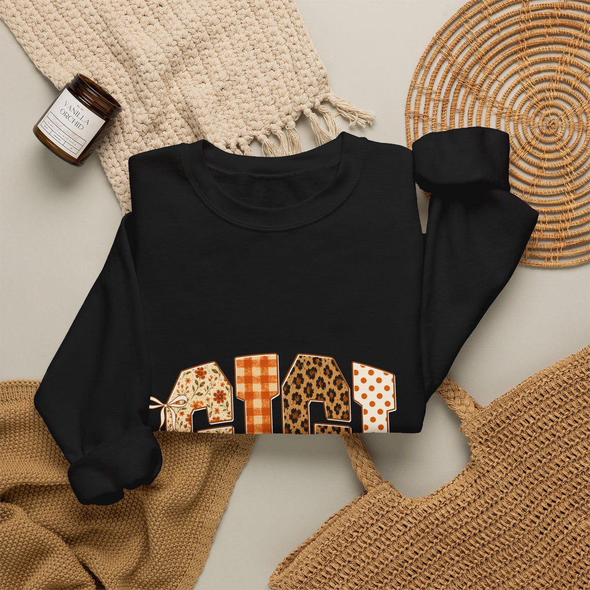 Gigi Fall Patch Design Sweatshirt – Plaid, Leopard & Polka Dot Mom Crewneck