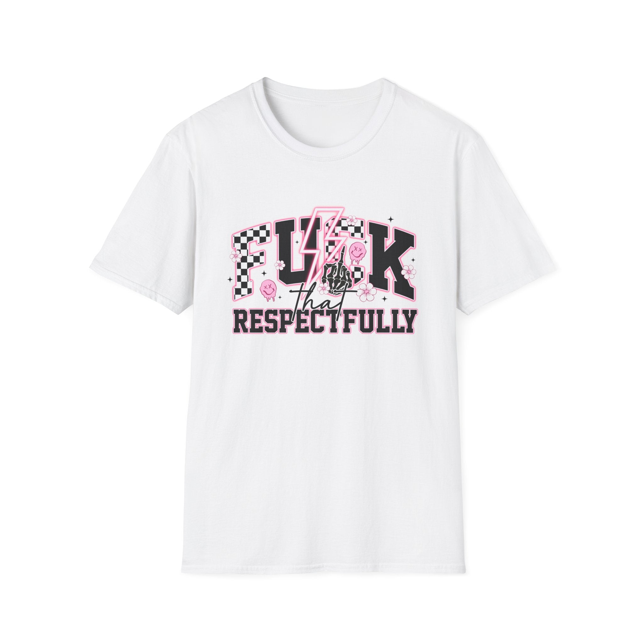 Graphic Tee — “F**k That Respectfully” Pink Checkerboard Band Tee