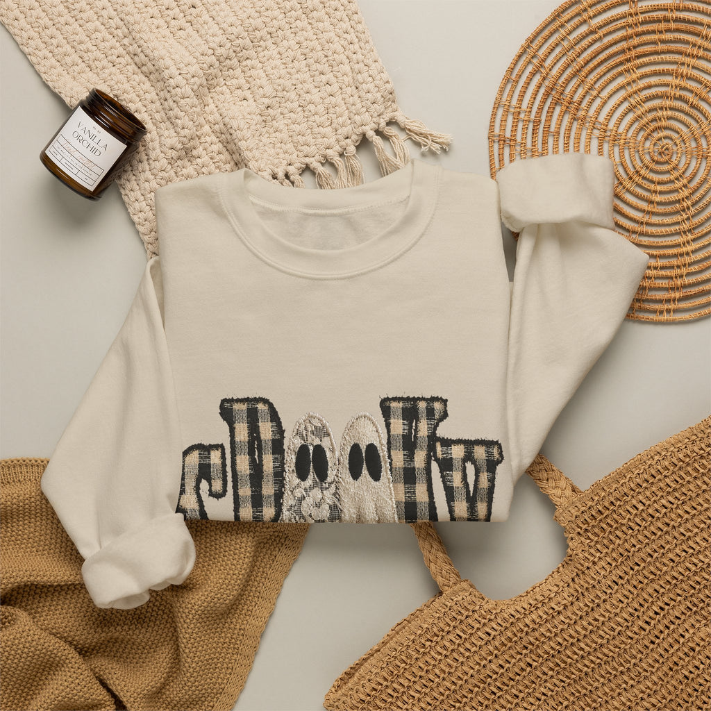 Spooky Plaid Ghosts Crewneck Sweatshirt — Halloween Cozy Graphic Sweatshirt