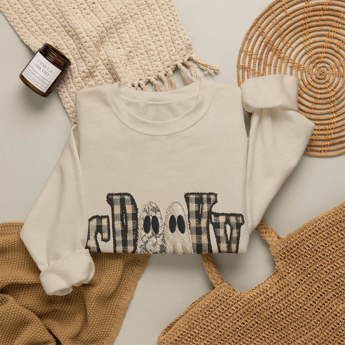 Spooky Plaid Ghosts Crewneck Sweatshirt — Halloween Cozy Graphic Sweatshirt