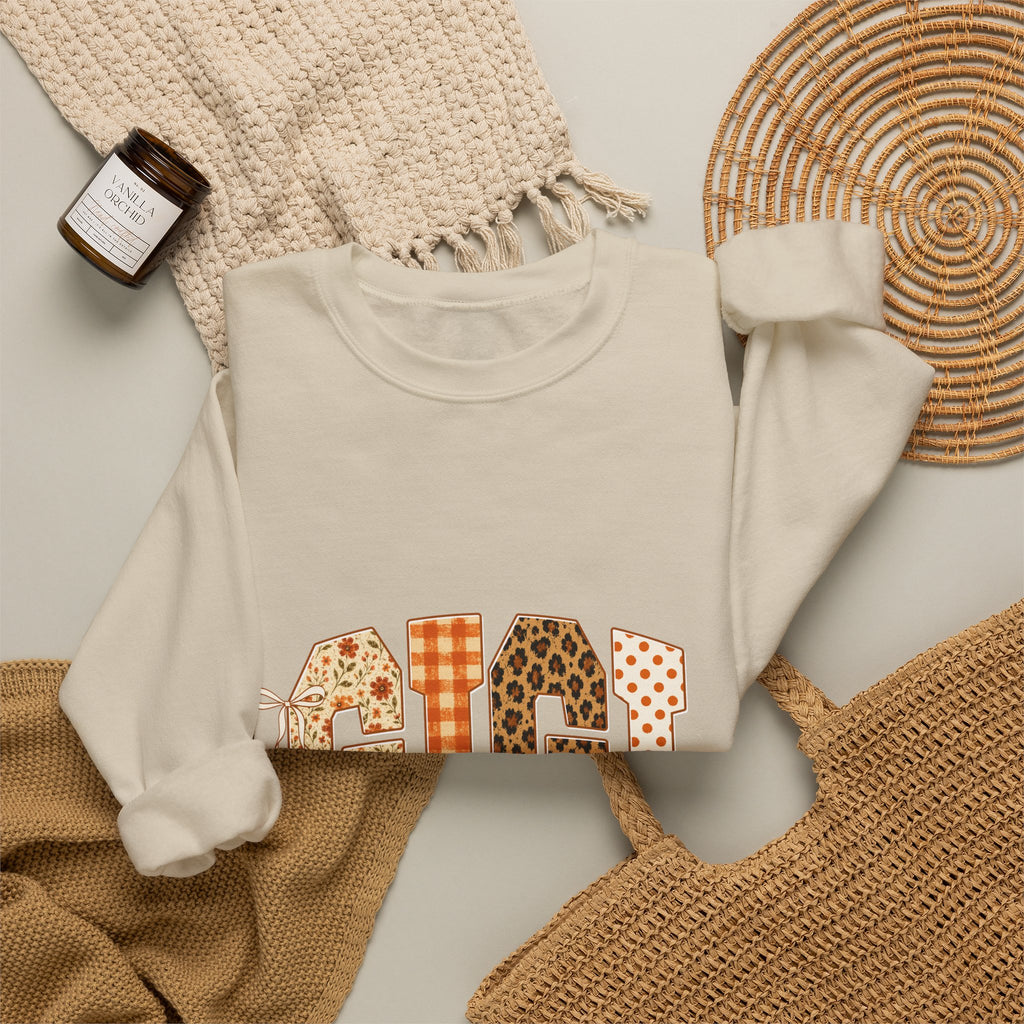 Gigi Fall Patch Design Sweatshirt – Plaid, Leopard & Polka Dot Mom Crewneck