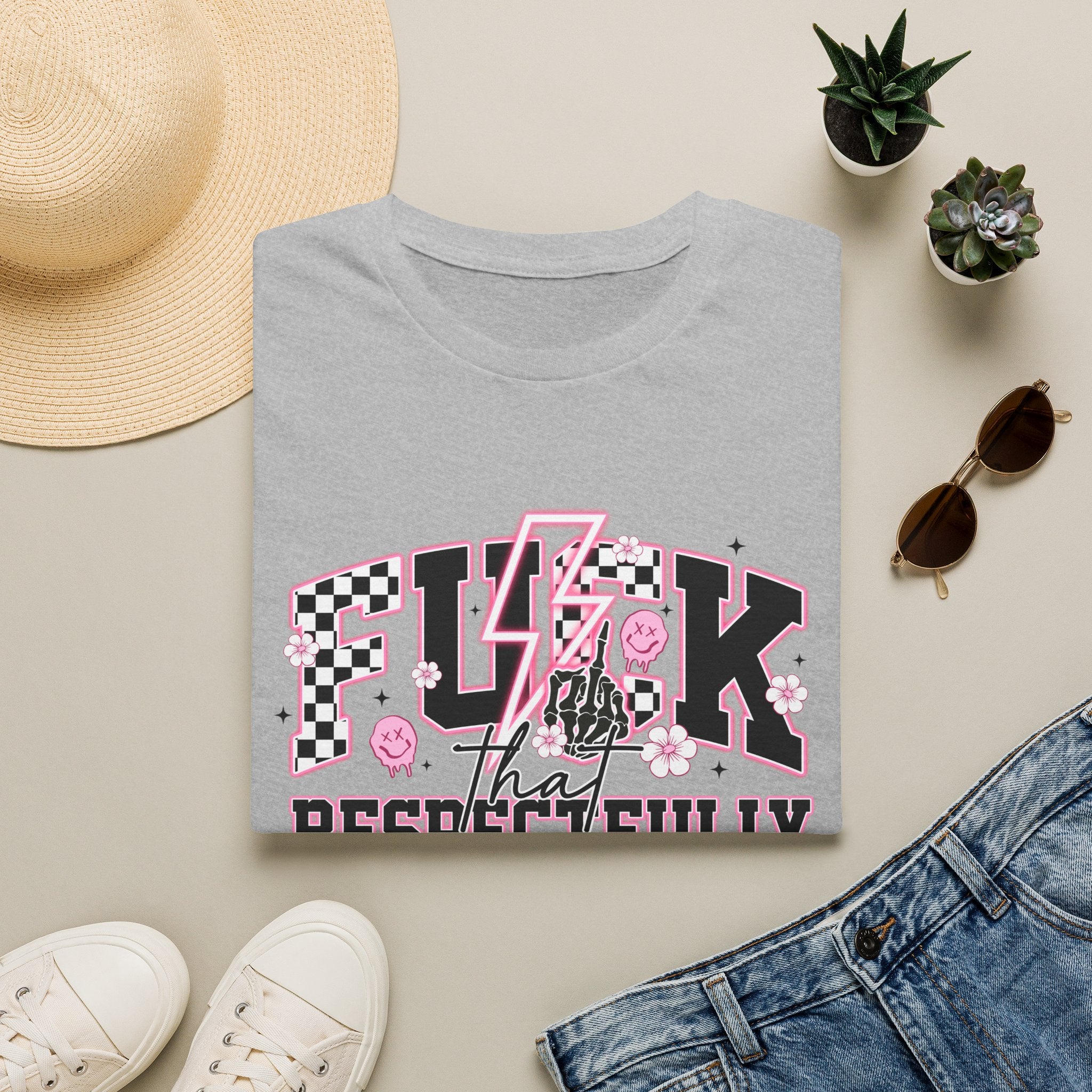 Graphic Tee — “F**k That Respectfully” Pink Checkerboard Band Tee