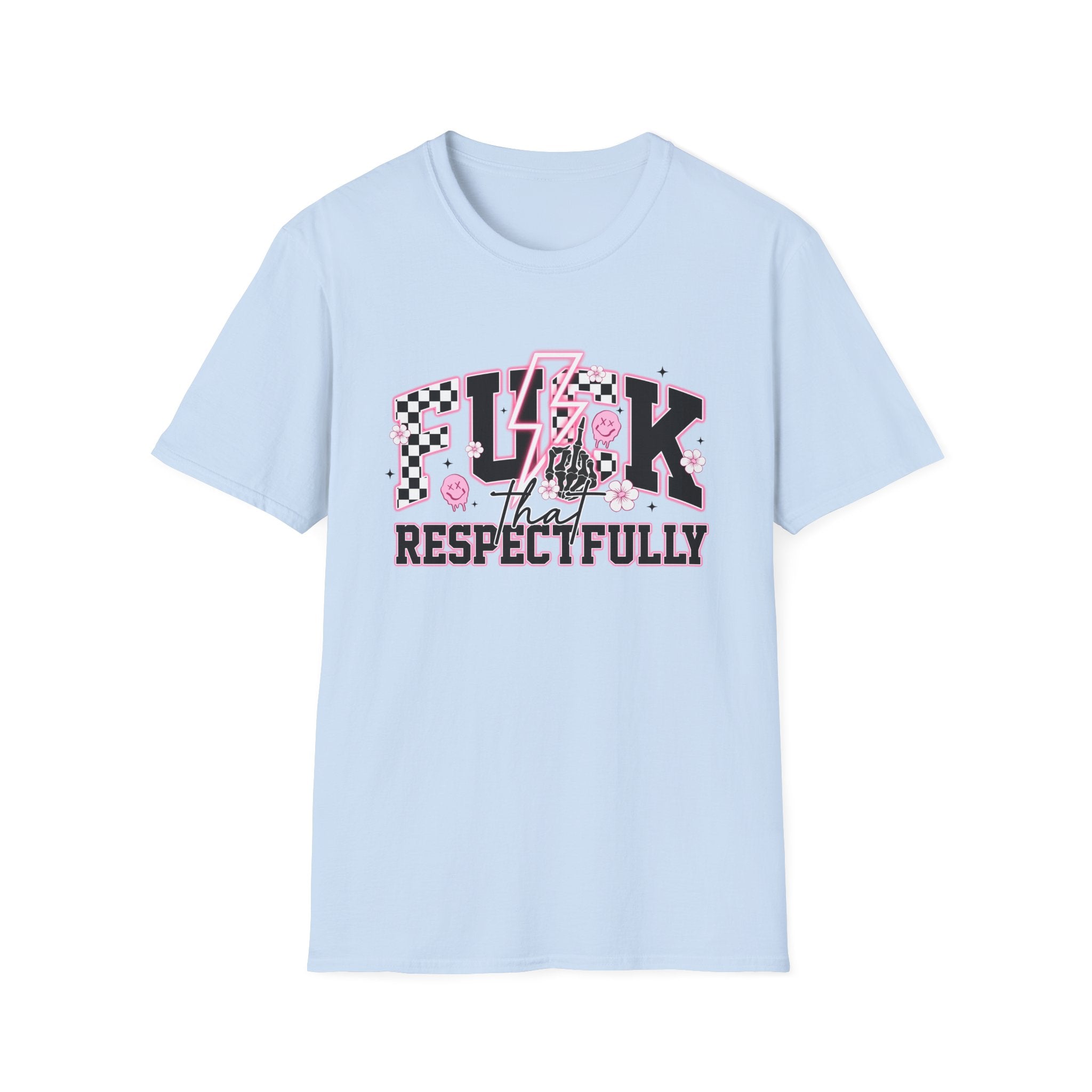 Graphic Tee — “F**k That Respectfully” Pink Checkerboard Band Tee