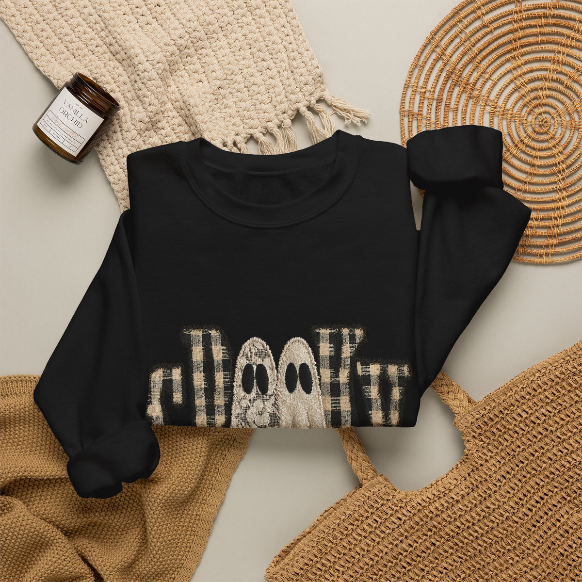Spooky Plaid Ghosts Crewneck Sweatshirt — Halloween Cozy Graphic Sweatshirt
