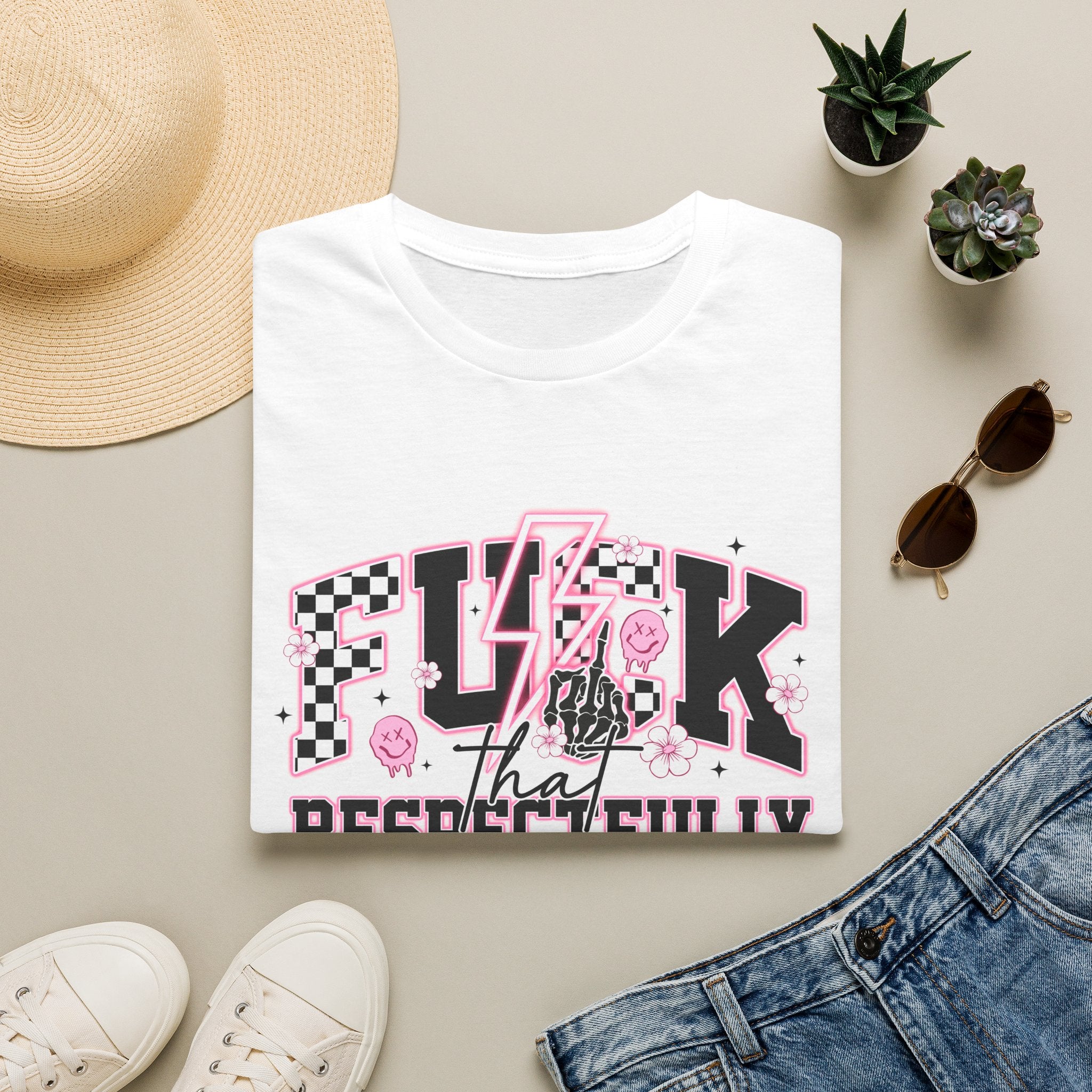 Graphic Tee — “F**k That Respectfully” Pink Checkerboard Band Tee