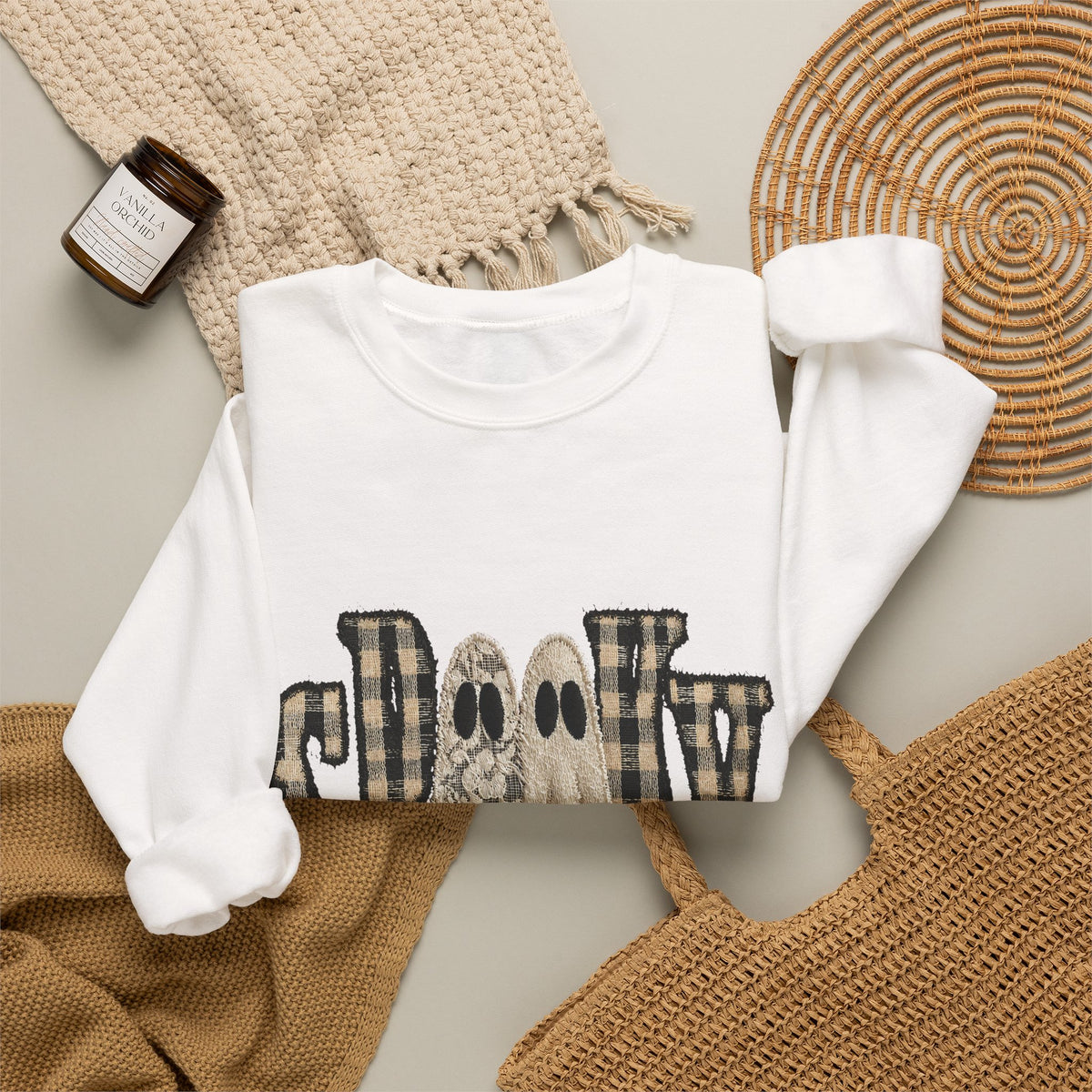 Spooky Plaid Ghosts Crewneck Sweatshirt — Halloween Cozy Graphic Sweatshirt