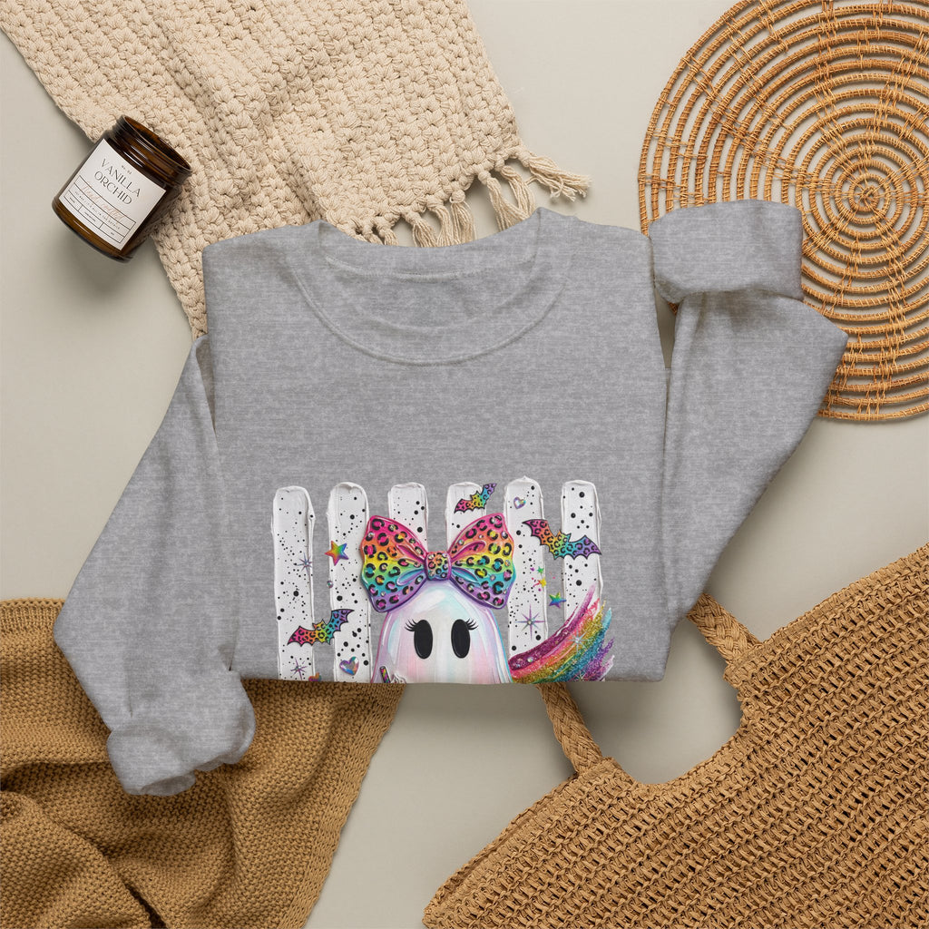 Cute Rainbow Ghost Crewneck Sweatshirt — Colorful Halloween Ghost Design