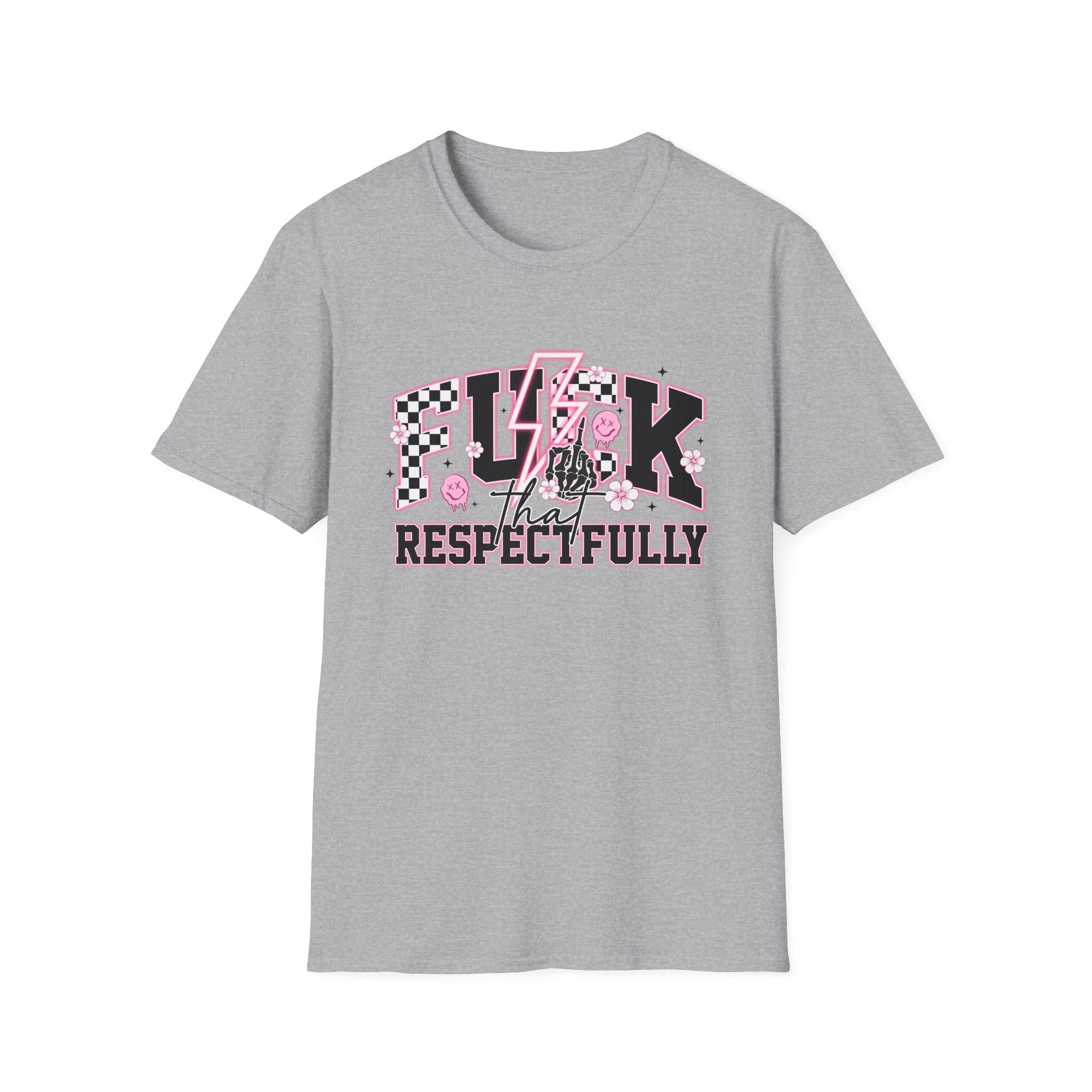 Graphic Tee — “F**k That Respectfully” Pink Checkerboard Band Tee