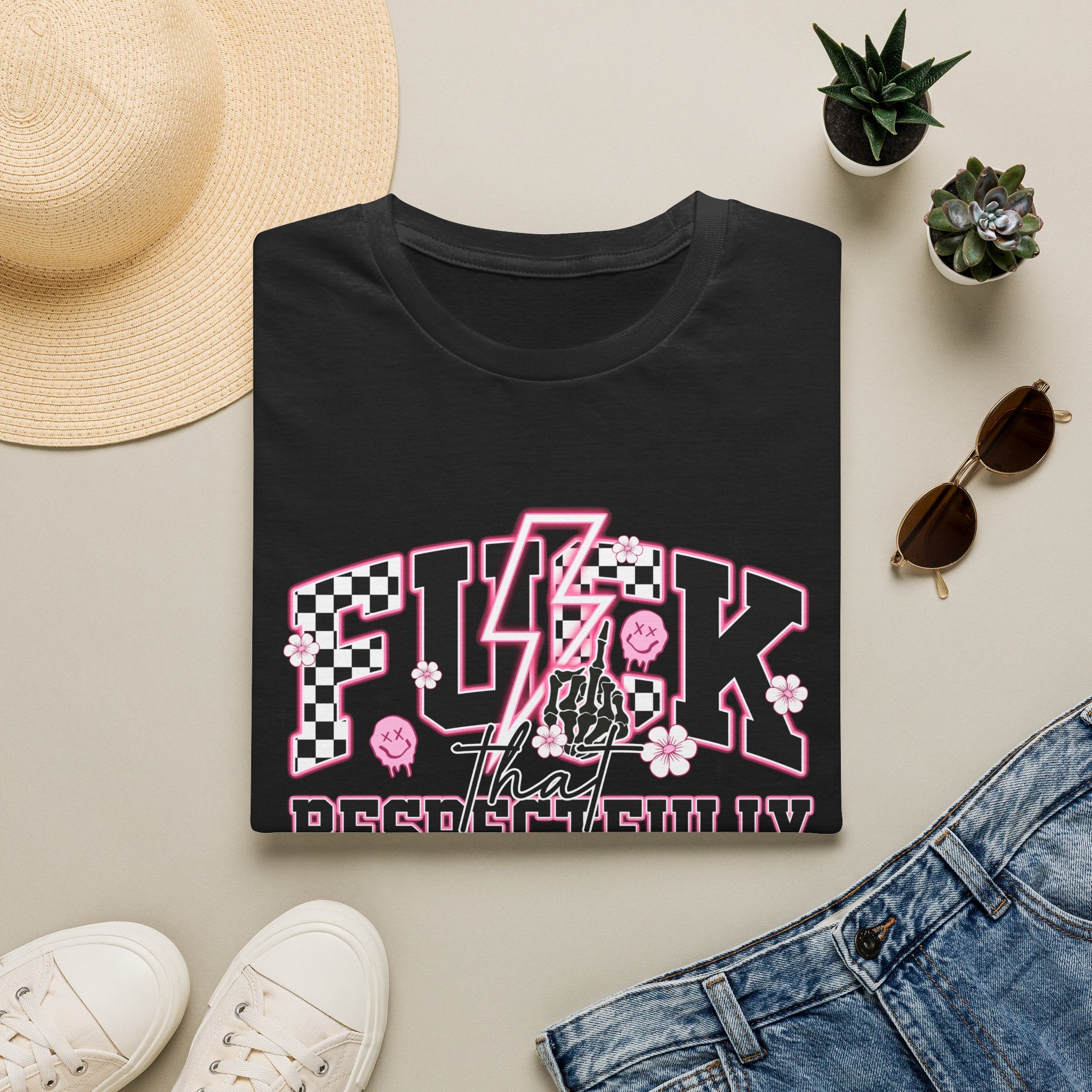 Graphic Tee — “F**k That Respectfully” Pink Checkerboard Band Tee