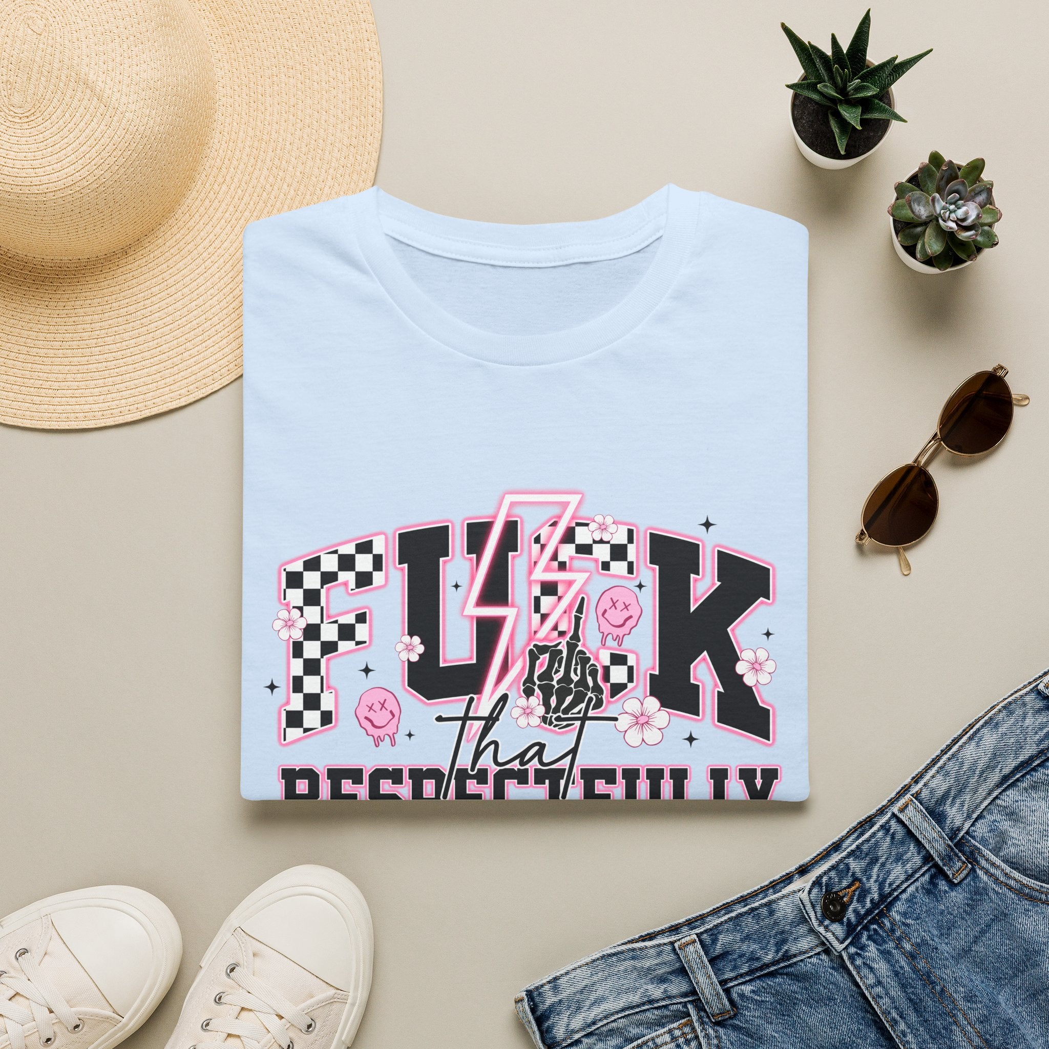 Graphic Tee — “F**k That Respectfully” Pink Checkerboard Band Tee
