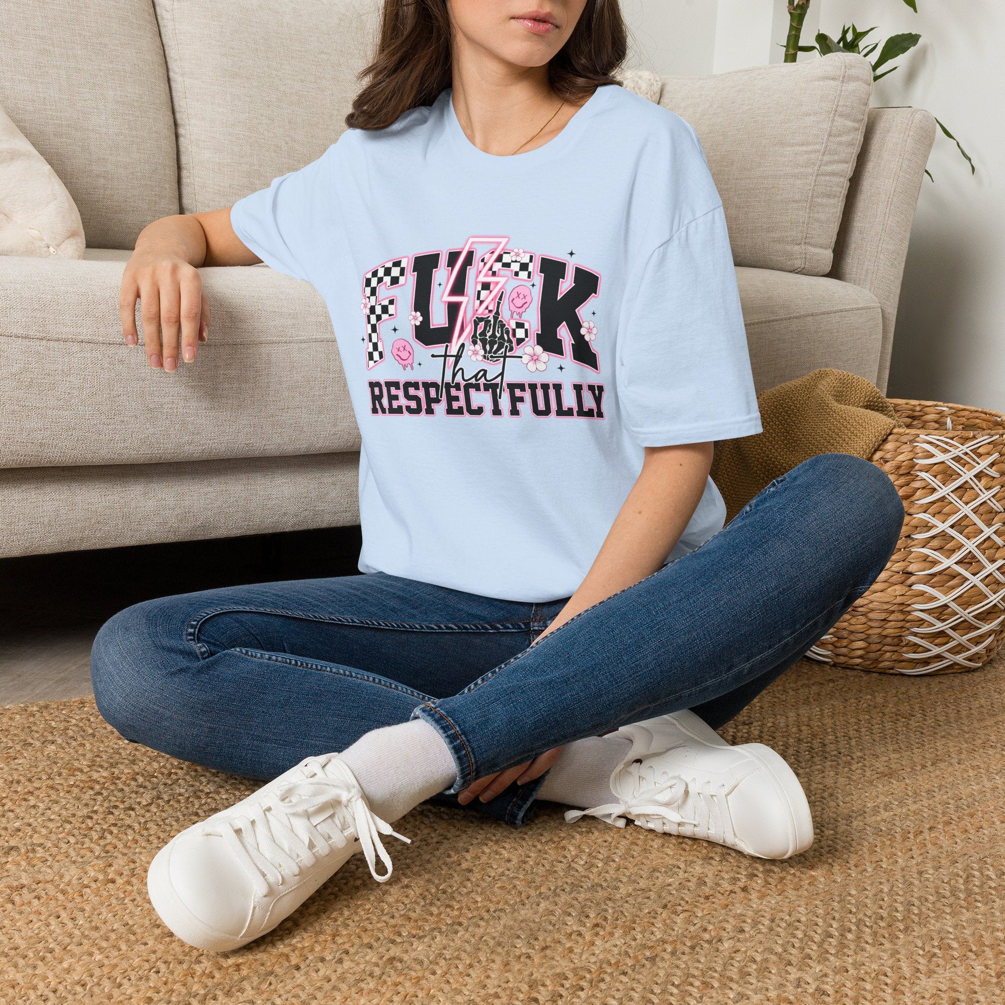 Graphic Tee — “F**k That Respectfully” Pink Checkerboard Band Tee