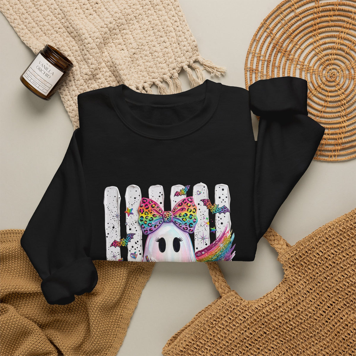 Cute Rainbow Ghost Crewneck Sweatshirt — Colorful Halloween Ghost Design